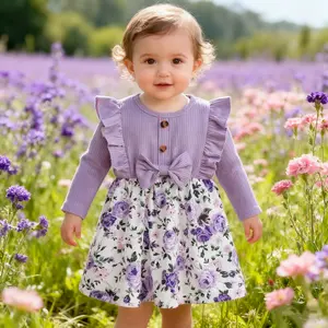 Autumn New Baby Girl Purple Floral Knit Patchwork Sweet Rural Style Dress Toddler Birthday Outfit Birthday Gift