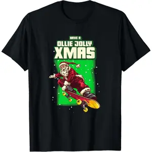Have a Ollie Jolly Xmas Funny Skater Skateboard Christmas T-Shirt, 100% Cotton, Single Side Printed, Black Short Sleeve T-shirt, 1 pc, Christmas Halloween Thanksgiving Gift