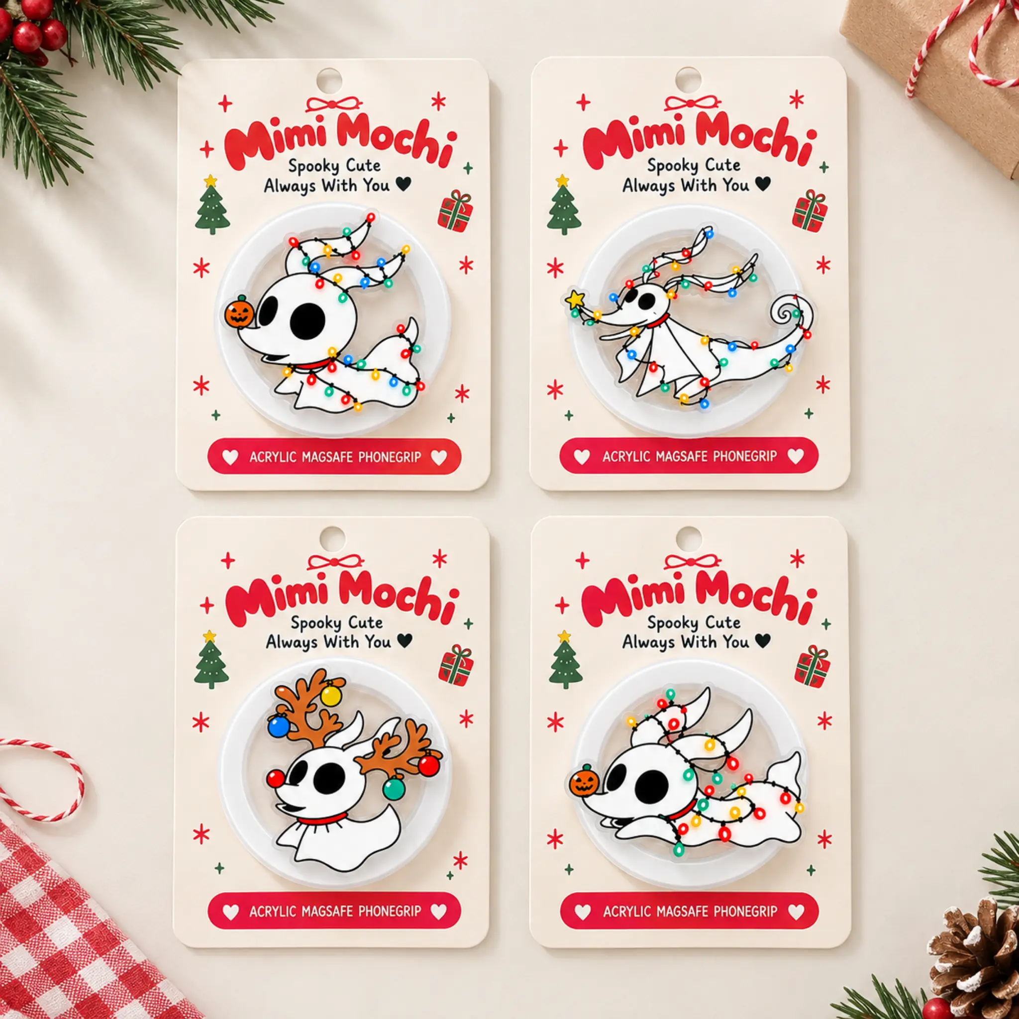 Compact Durable Acrylic MagSafe Phone Grip - Reindeer Ghost Dog Design, Cute Christmas Mobile Phone Holder, Gift for Her