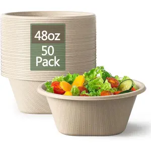 48 Oz Disposable Bowls - Heavy Duty and Compostable Bowl - Made from Sugarcane and Bamboo Fibers, Microwave Safe - Large Paper Bowl for Soup, Salad, Ramen, Popcorn, etc. [50 Pack]