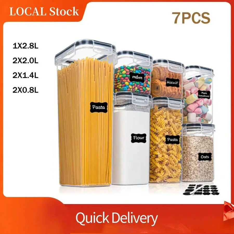 Airtight Food Storage Containers with Lids, 7 pcs Plastic Kitchen and Pantry Organization Canisters # Outdoorfun,  BPA Free, Reusable  Stackable With 10 Sticker Pens