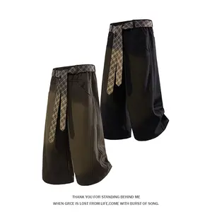 Summer retro plaid casual pants with a belt, loose wide-leg palazzo trousers summervibes