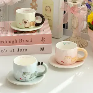 Adorable Cat Coffee Cup and Saucer Set, Cute Ceramic Water Mug, Couple Mugs Available, Dishwasher Safe, Microwave Safe, Perfect Gift