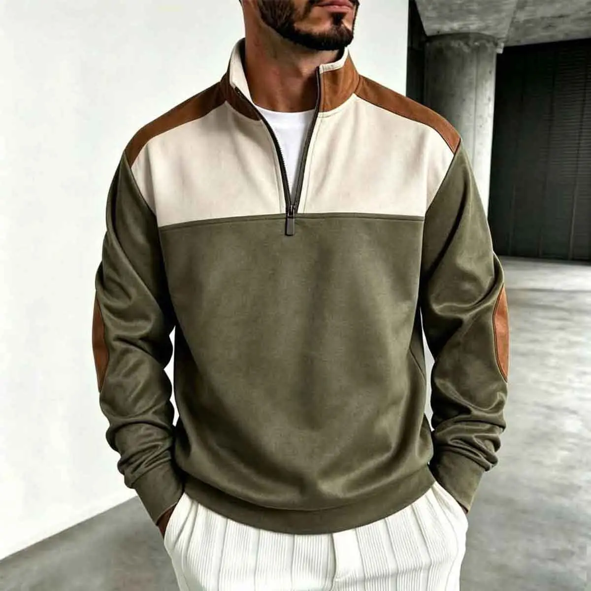 Men's Half-Zip Color Block Sweatshirt - Ultra-Soft Casual Stand Collar Regular Fit Long Sleeve Top, Menswear Basics for Athletic & Party Use, Foldable Design, Half-Zip Front, Cold Wash, Cotton, Fashion, Half Zip Sweatshirt, Colorblock