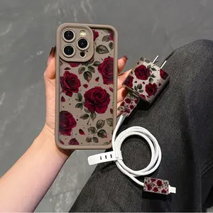 5 Piece Set Vintage Rose Phone Case, Charger Head Cover, Cable Protector, Storage Rope, Anti-Drop Tpu Shell for iPhone