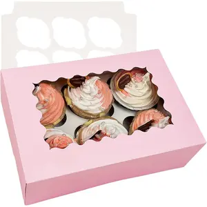 Auto-pop up 6 Cupcake Boxes with Window 20 Count Pink Cupcake Carrier 9.4 x 6.1 x 3 inch