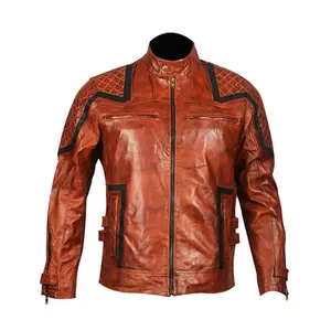 101 Tan Vintage Motor-Biker Distressed Brown Real Leather Jacket