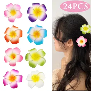 24pcs Hawaiian Plumeria Flower Clips for Hair 1.97 Inch Bridal Wedding Party Beach Hair Clips in 6 Vibrant Colors Soft Foam Reliable Iron Clips for Festivals