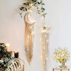 Macrame Woven Wall Hanging Moon Dream Catcher, Boho Chic Decor, Long Tassel, Home Kitchen Art, Wedding Holiday Gift