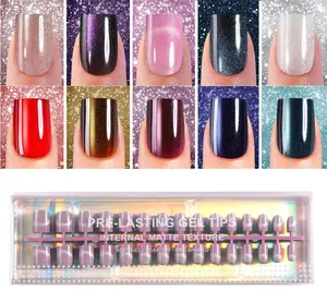 Cat Eye Press on Nails, 300Pcs XS Short Square Cat Eye Nail Tips, Glossy Glitter Soft Gel Fake Nails for Women and Girls Stick On Nails in 15 Sizes