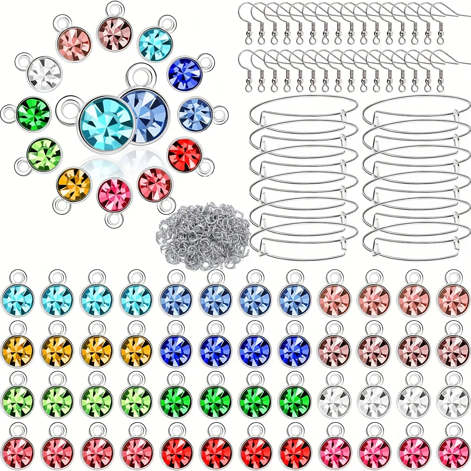 300pcs Birthstone Pendant Bracelet Earrings Set, including 60 Birthstone Pendants, 15 Adjustable Bracelets, 45 Earhooks, and 180 Jumping Rings DIY Necklaces, Bracelets, Bracelets, Earrings, Festival Gifts