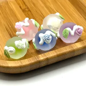 Hand Painted 3D Flower Frosted 16mm Acrylic Bead Set of 5