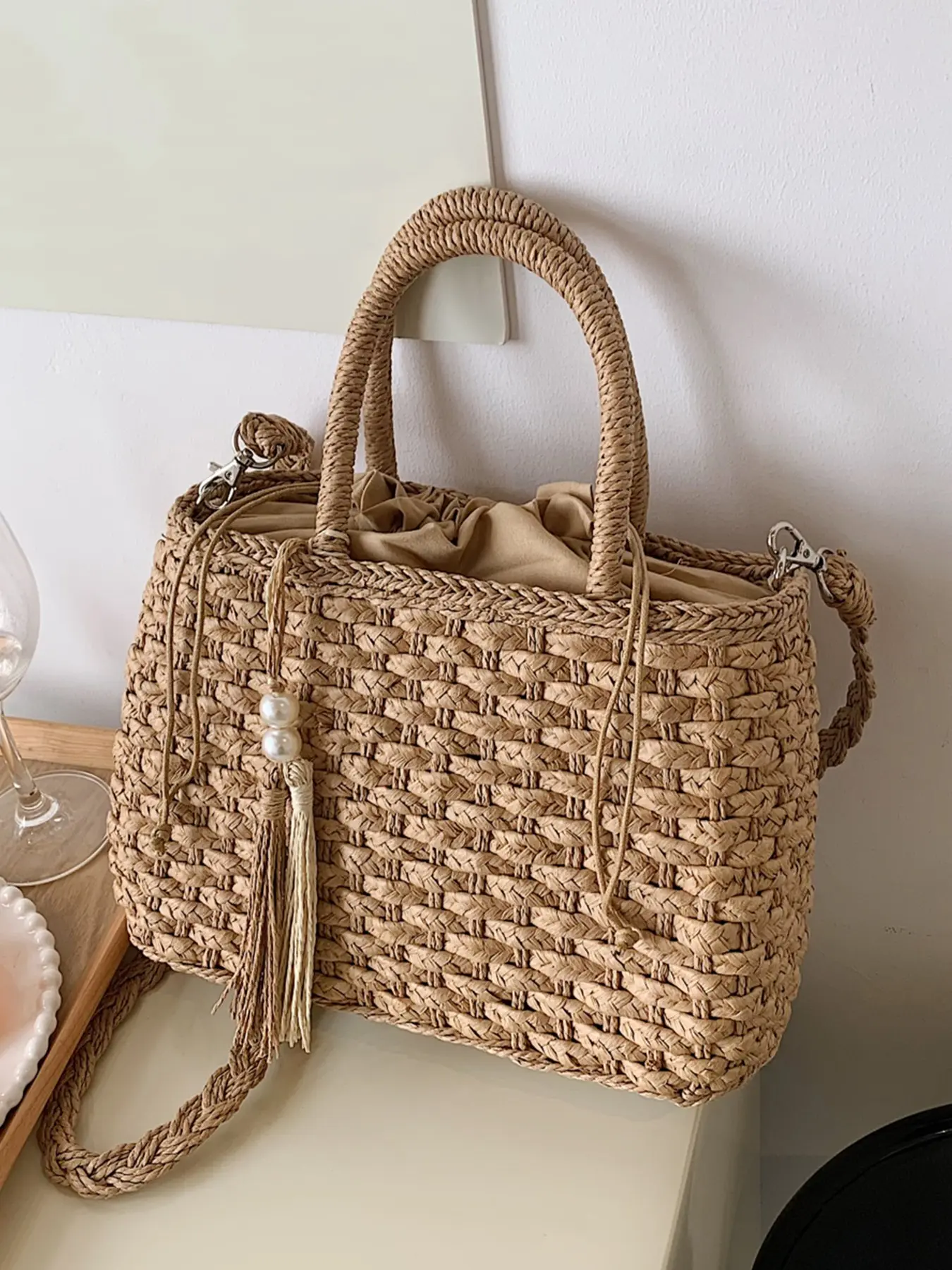 Retro-style woven tote bag with dual carrying options (handheld or crossbody), Boho Style Crossbody, Casual Fashion Bag, featuring fringe ornaments, lightweight yet practical design with spacious capacity, travel enthusiasts, Vintage Chic Purse