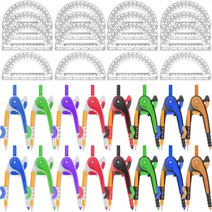 32 Pack Geometry Math Compass & Protractor Set 6 Inch Plastic Drawing Compass with Pencils Bulk for Student Classroom School Office Woodworking Art Drawing