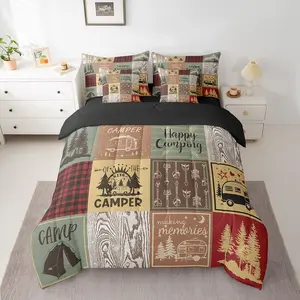 Retro Camper 7 Piece Bed in A Bag,Happy Camping Comforter Set,Rv Camping Decor Bedding Set,Vintage Rustic Buffalo Plaid Bed Set