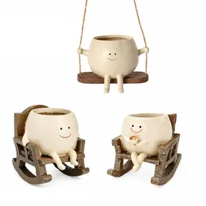 Rocking Chair Smiley Face Planter,Cute Plant Pots for Indoor Outdoor Plants,Succulent Pots with Drainage Hole,Unique Funny Flower Pot for Succulents,Plant Gifts for Mother's Day, Birthday, Christmas