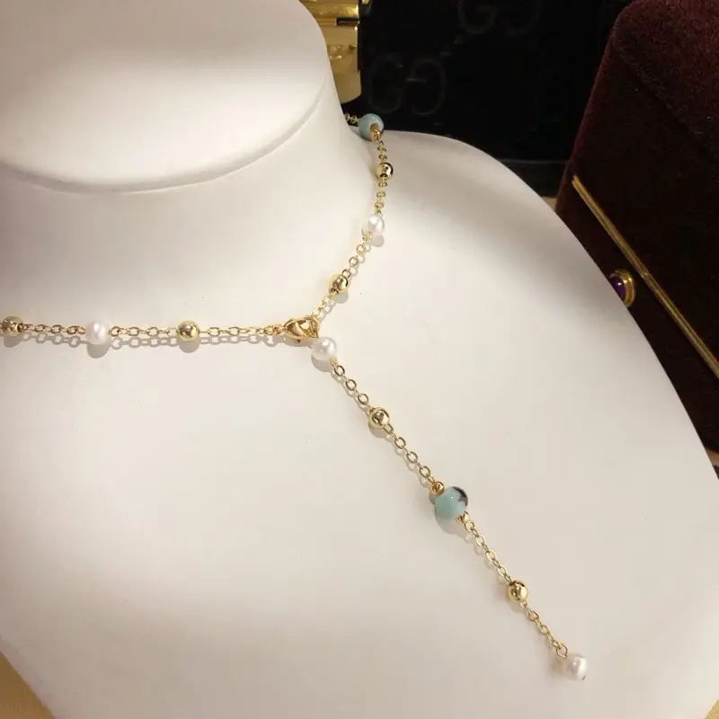 SR Pearl Co. 18K Gold Filled Freshwater Pearl Y Necklace, Dainty Satellite Chain Lariat Necklace, Minimalist Everyday Jewelry