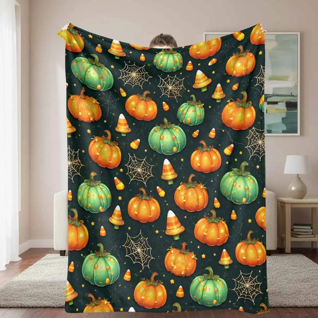 Halloween Pumpkin Flannel Blanket Set - Ultra-Soft Lightweight Cozy Fleece Bedding Throw with Festive Harvest Pumpkin, Candy Corn, Spiderweb Prints, Ideal for Fall Home Decor, Thanksgiving Gifting