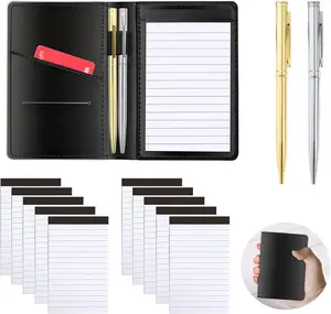 13 count Mini Pocket Notepad Set,Included Leather Pocket Notepad Holder,10 Pack 35 Inch Small Notebook Refills,30 Lined Paper Per,2 Metal Ballpoint Pens