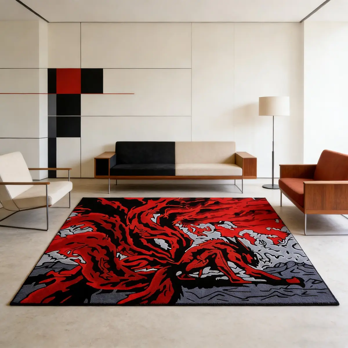 Flame Abstract Art Carpet, High Stretch Velvety Living Room Large Geometric Pattern Rug, Gaming Room Immersive Decor Mat, Modern Minimalist Anti-Slip Floor Pad, Indoor Area Rugs