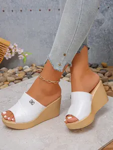 Women's Wedge Fish Mouth Sandals Summer Outdoor Anti-Slip Slip-On Elegant Height Increasing Shoes, PU Leather, Plain Pattern Footwear