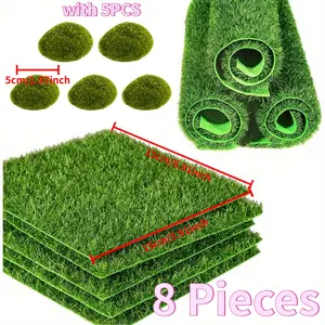 8 PCS Square Mixed Greens Garden Mat 6 x 6 Inches Fake Grass with 5Pcs 1.9x1.5inch Artificial Moss Rocks Green Artificial Grass Mat (Excluding animals) Decor Decorative outdoor decoration planter Room Fruit Landscape Fairy Ornaments