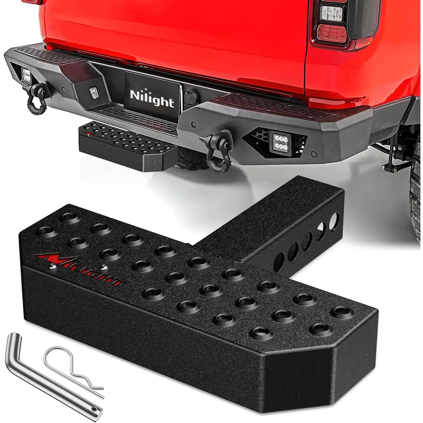 Nilight 2" Hitch Receiver Step Bar, 11.9in Upgraded Textured Black Anti-Slip Rear Bumper Guard Protector with 5/8 Hitch Pin Clip, Universal for Pickups, SUVs, Aftermarket Truck Accessories, 1 X 5/8 Hitch Pin & Clip, 1 X Hitch Step
