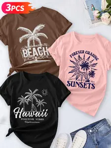 3Pcs Women's Tropical Beach Graphic Print Hearts Cotton T-Shirt Tees Set, Loose Fit Round Neck Short Sleeve, Soft Breathable Fabric, Summer Vacation Casual Street Style Top