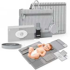 Mellories Portable Diaper Changing Pad - Large, Waterproof Travel Changing Pad for Baby with Extra Storage, Wipes Pocket & Pacifier Case - Portable Diaper Changing Station - Gray Striped