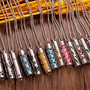 2025 New Fashion stainless steel aromatherapy pendant necklace Perfume bottle Essential oil necklace Hollow cylindrical titanium steel pendant necklace