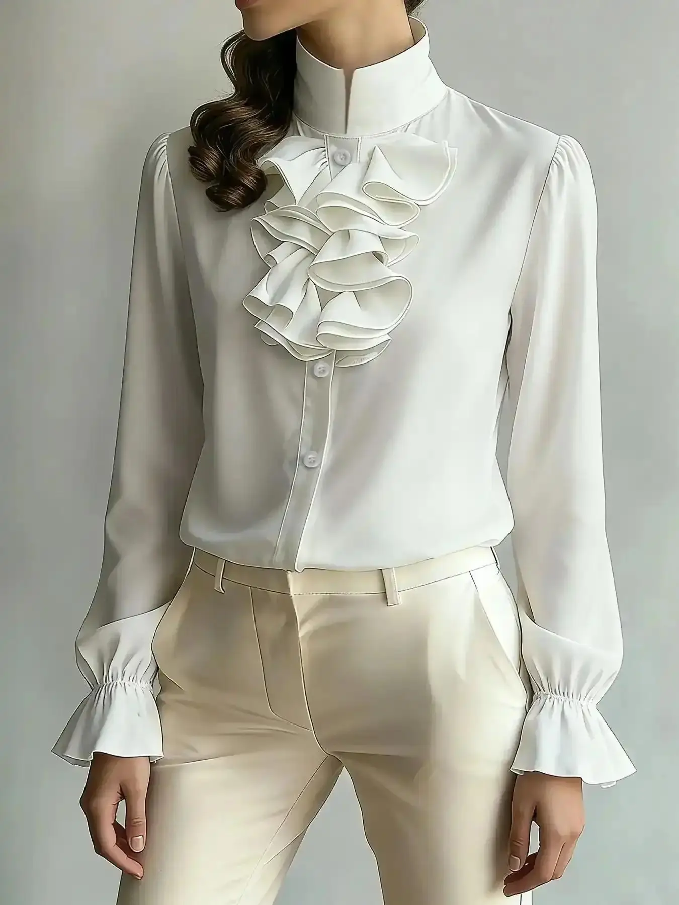 This Ruffled Blouse is Old Money Elegance Victorian Style Fitted Office Fit Long Sleeve Top Button Up Blouses Denim Shorts Seamless Pleated Skirt Jacket Stretchy Slip Dress, Classic, Modern