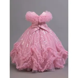 Girls' Princess Dress with Butterfly Golden Floral Lace Pleated Cloud Shoulders, High-End Elegant Gown for Piano Performances and Performances, Beige Color, A-Line Silhouette, Ruffled Hem, All-Season Dress, Performance Dress| Ruffled Hem Dress| Pleated De