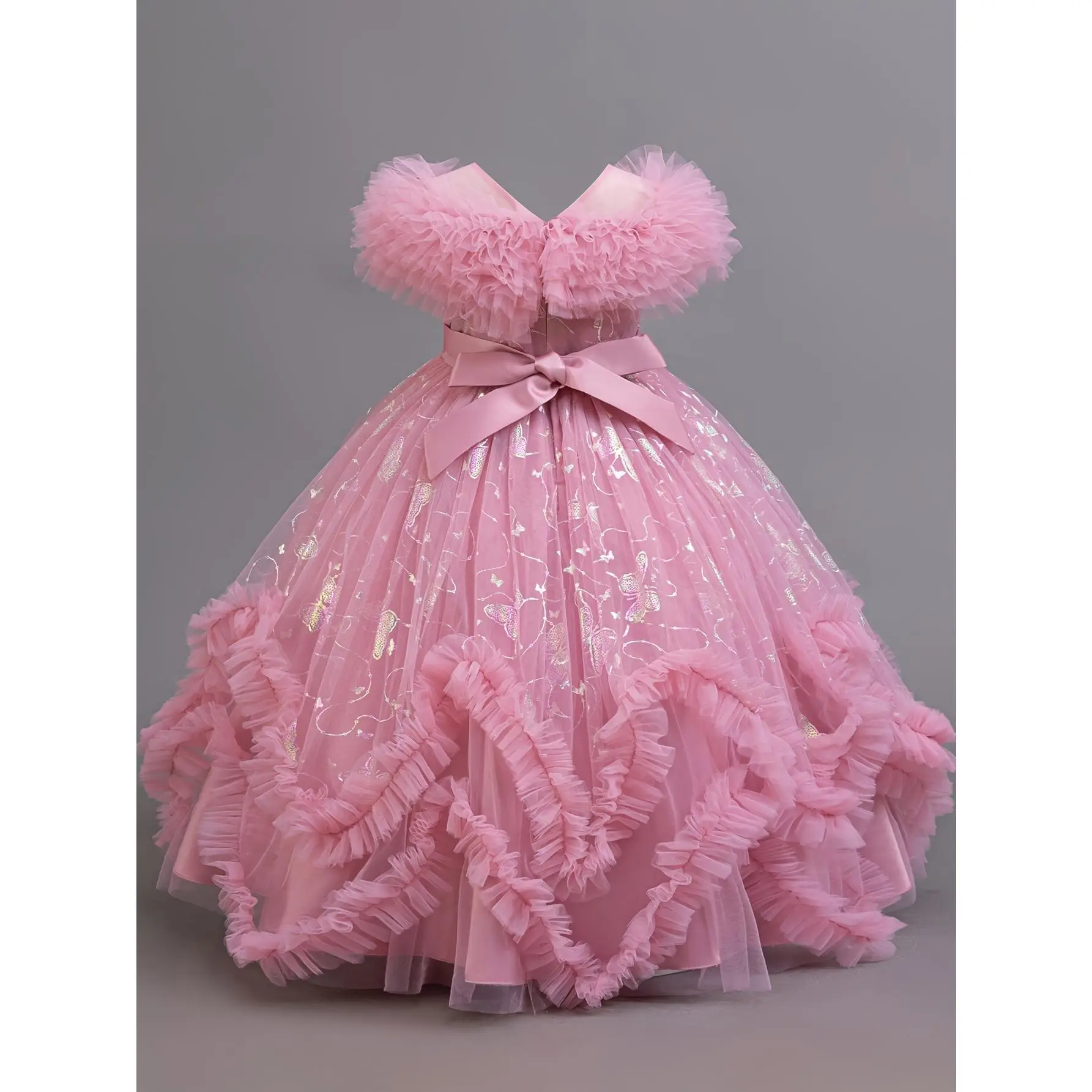 Girls' Princess Dress with Butterfly Golden Floral Lace Pleated Cloud Shoulders, High-End Elegant Gown for Piano Performances and Performances, Beige