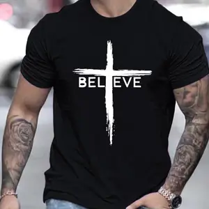 Men's Turquoise "Believe" Cross Print T-Shirt - Short Sleeve Faith-Inspired Casual Wear, Scripture Design, Breathable Summer Comfort