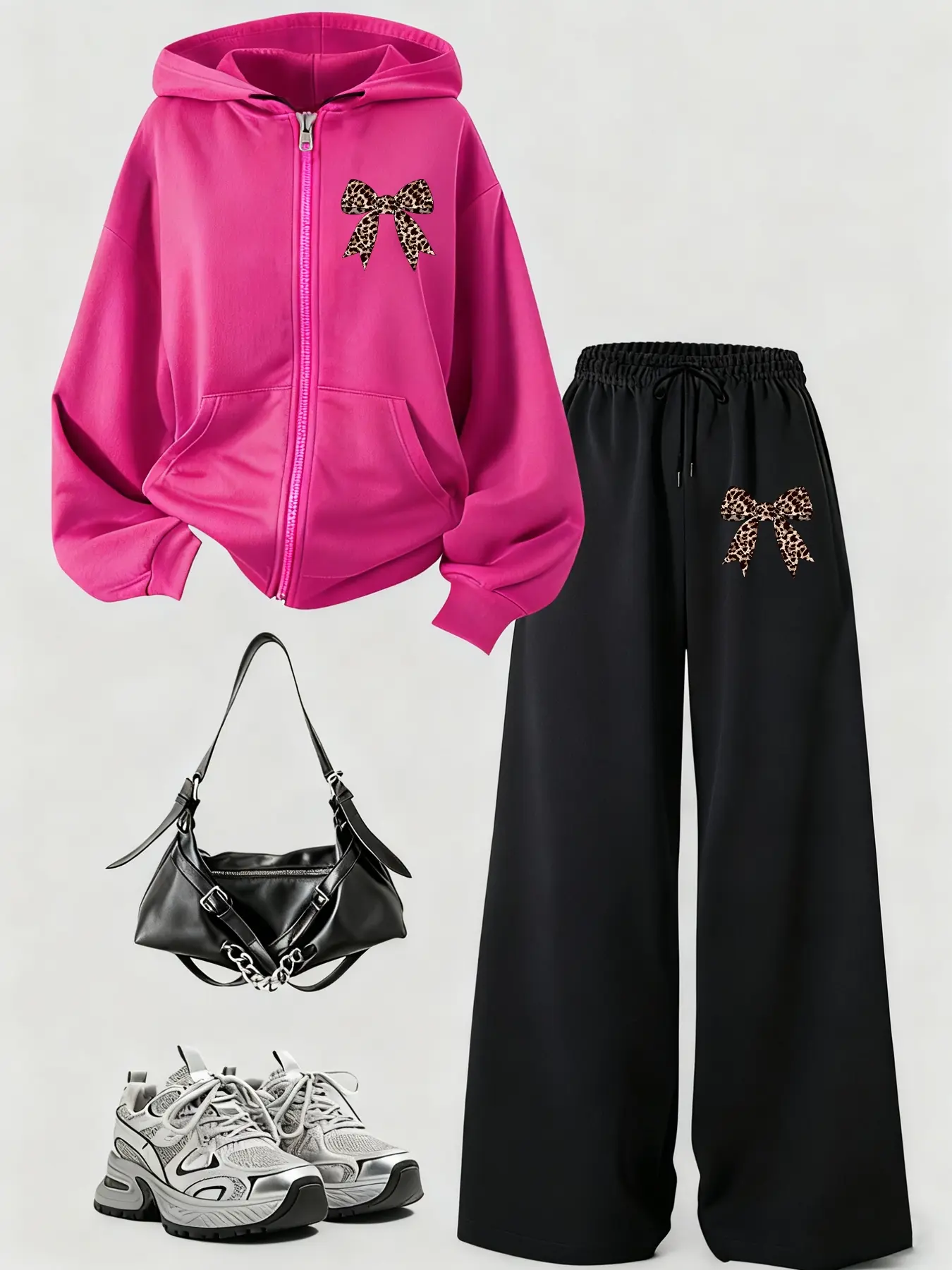 Autumn Winter New Fleece American Geometric Leopard Bow Graphic Zipper Hoodie Set, Belted Straight Leg Loose Fit Casual Pants, Sporty Sweatshirt Jogger Two-Piece Set