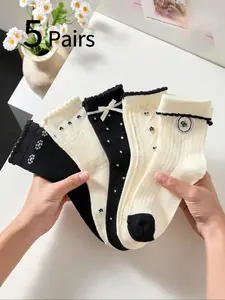 Girls' Floral Pattern Socks Set, Sweet Bowknot Princess Style, Spring & Fall Outerwear, Casual Comfortable Breathable Design, Casual Comfy Socks