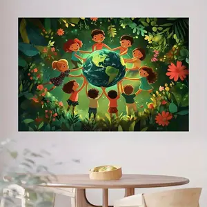 1pc Earth-Themed Tapestry - Kids Party Decoration with Children & Globe Design - Classroom, Birthday, Festival Backdrop - No Electricity Needed - Durable Polyester Fabric Hanging Banner for Parties