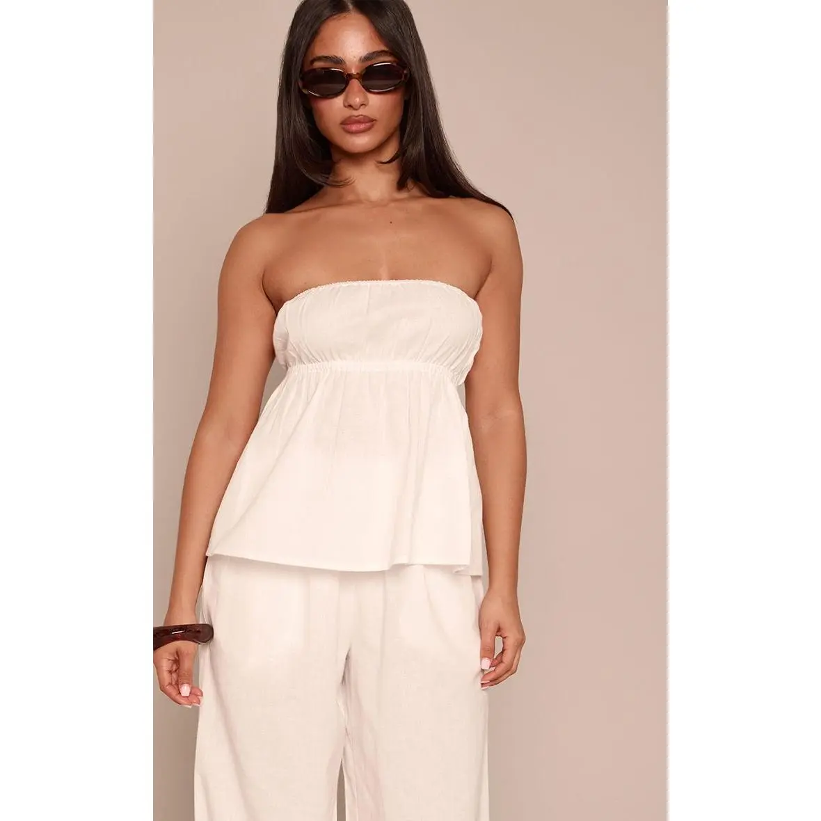 Petite Linen Look Peplum Bandeau Top Co-ord