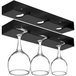 2Pack Wine Glass Holder Under Cabinet Shelf, Plastic Wine Glass Rack Stemware Drying Storage Hanger for Kitchen, Bar and Restaurant (Black)