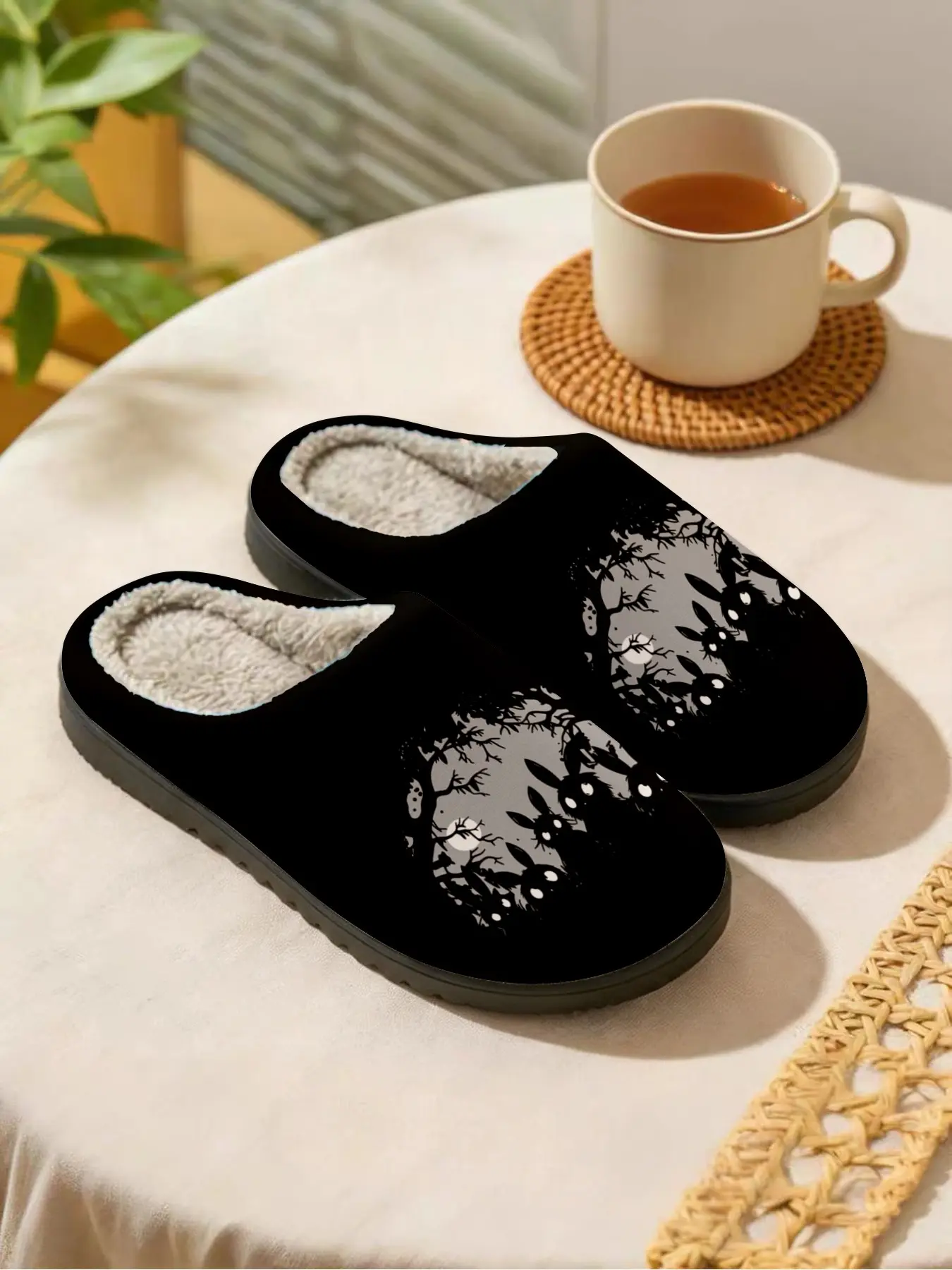 Night Forest Theme Cotton Slippers, Minimalist Dark Forest Pattern, Soft Plush Lining, Casual Home Wear, Fall & Winter