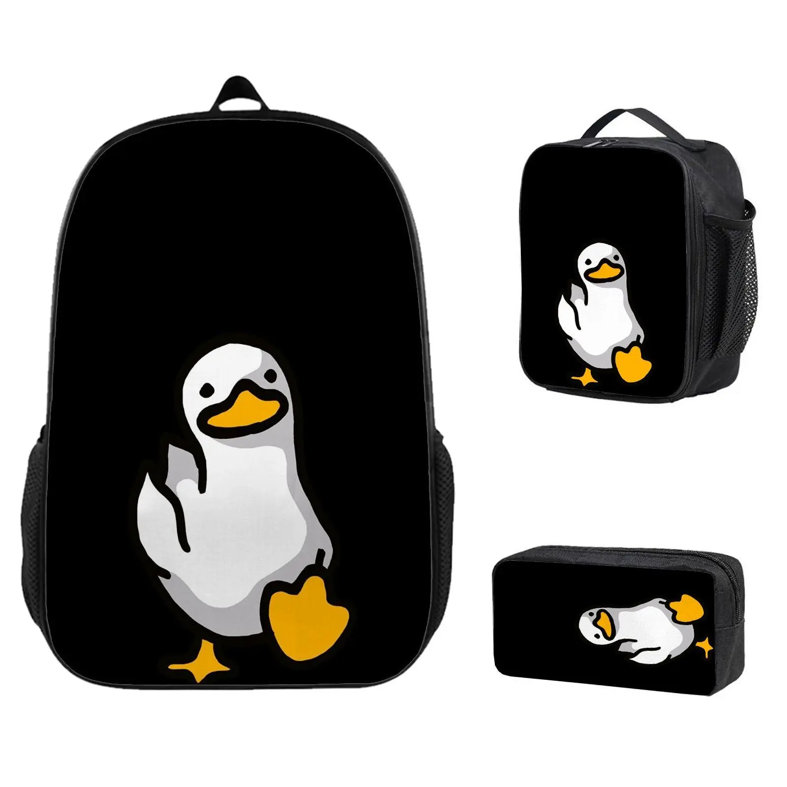 3-Piece Lightweight Casual Backpack Set - Insulated Meal Bag, Pencil Case,Cute White Duck, Cartoon Animal Print, Funny Goose Design, Minimalist Black Background, Kawaii Bird Anime gifts, children will definitely love high-quality backpacks