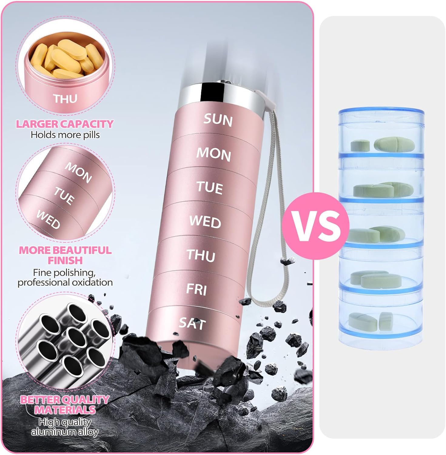 2026 Version Metal Travel Pill Organizer Portable 7-Day Vitamin Organizer Stackable Waterproof Moisture Proof Large Pill Container, Daily Medicine Organizer forVitamin, Fish Oil, Supplement Healthcare Aid