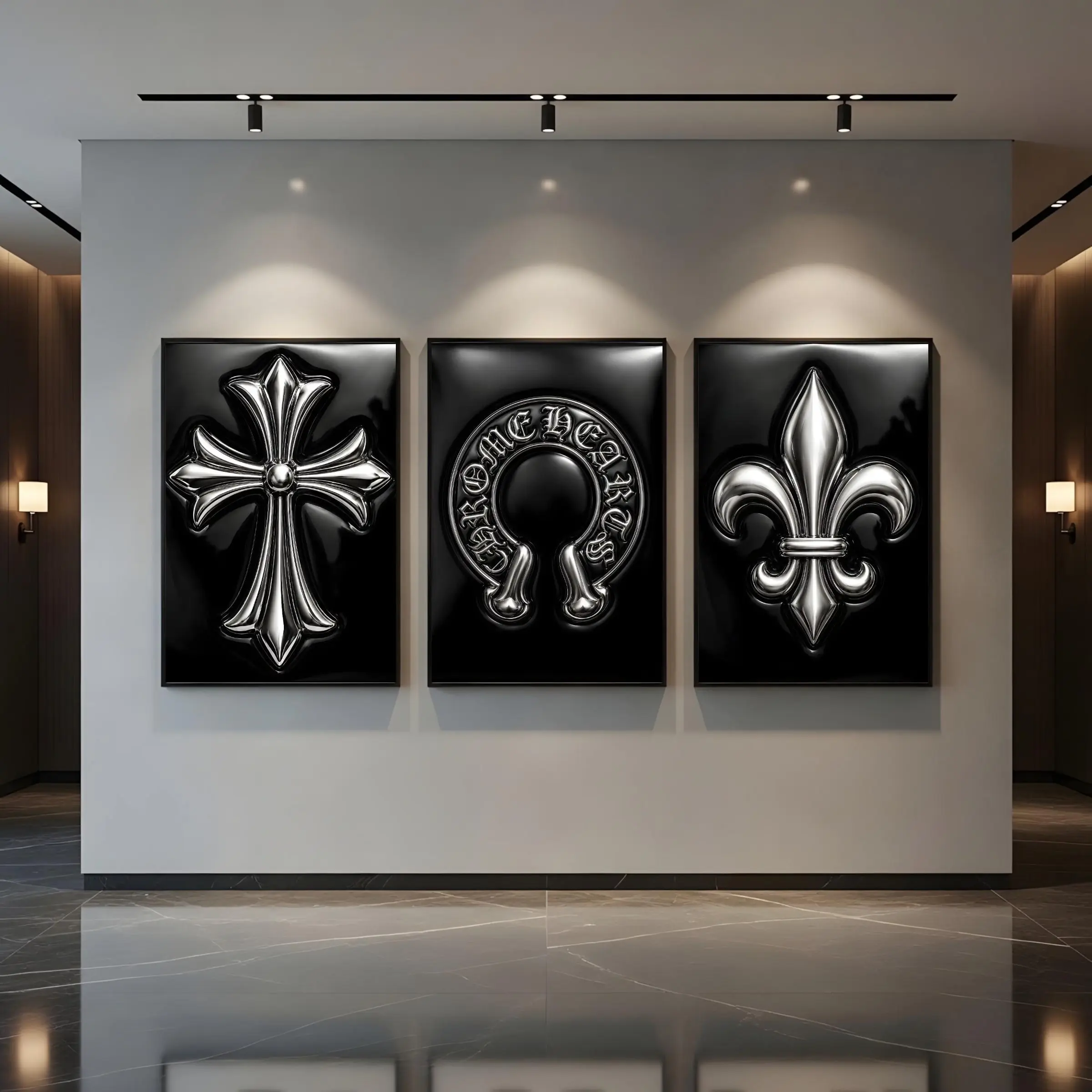 Chrome Hearts Hypebeast Wall Art Poster Set of 3, Black Silver Gothic Cross Art, Horseshoe Print, Fleur De Lis Luxury Y2K Room Decor