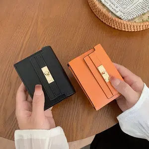 PU Leather Card Holder Wallet With Metal Rotating Lock Multi Card Slots Accordion Small Coin Purse Daily Commuting Luxury Style Purse For Ladies