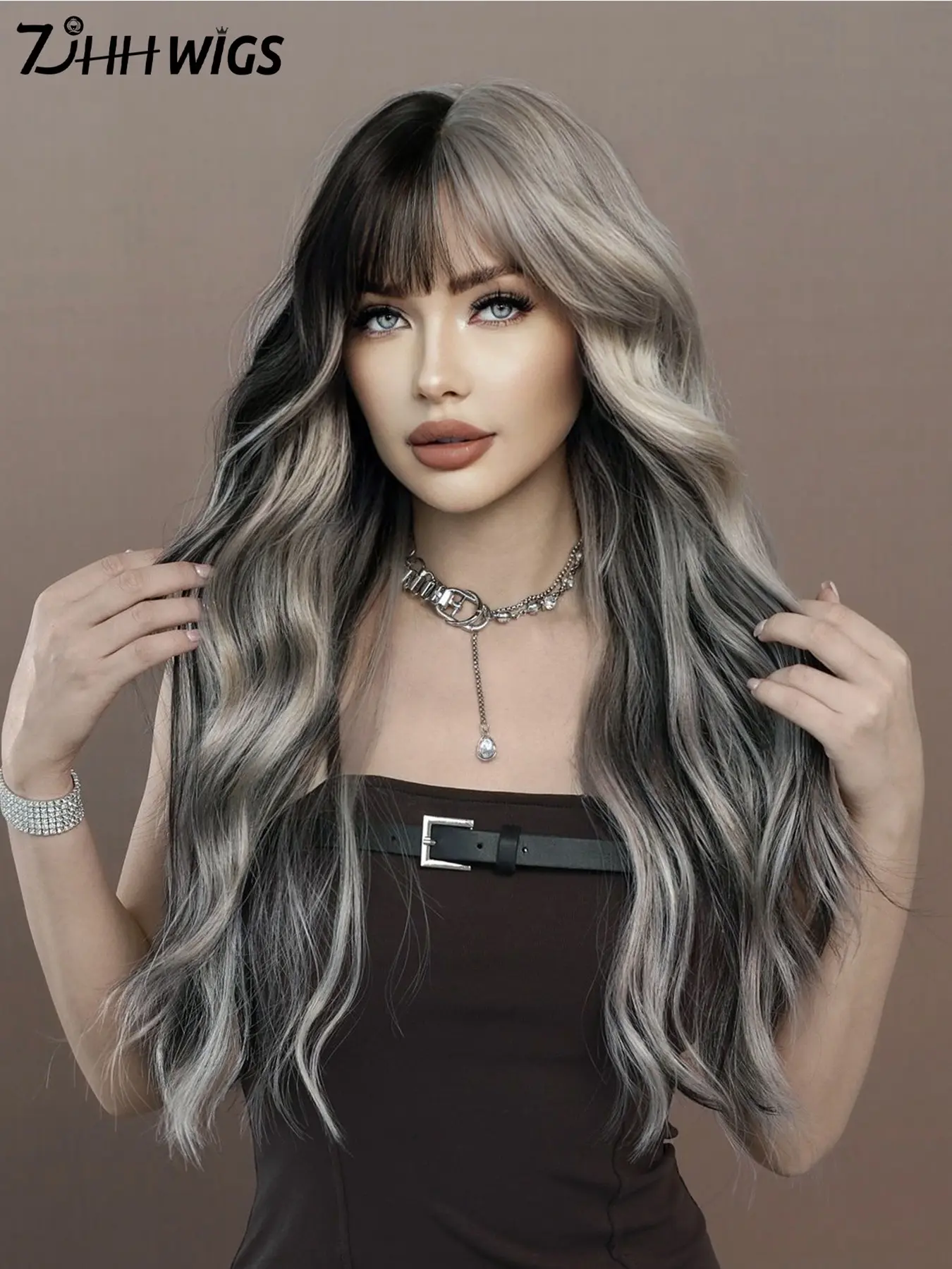 Silver Pink Wig with Bangs Loose Long Wavy Wig Mixed Highlights Black Hair, Party Wigs Heat-Resistant Synthetic Fiber Hair for Women Daily Party Wear, Halloween Cosplay & Music Festival Party Rave Use 26 Inch