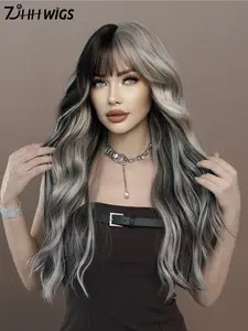 Silver Pink Wig with Bangs Loose Long Wavy Wig Mixed Highlights Black Hair, Party Wigs Heat-Resistant Synthetic Fiber Hair for Women Daily Party Wear, Halloween Cosplay & Music Festival Party Rave Use 26 Inch