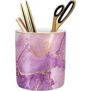Pen Holder for Desk, Cute Ceramic Pencil Holder, Pen Cup Marker Holder Makeup Brush Holders, Desk Accessories & Workspace Organizers for Home, School & Office, Purple Marble