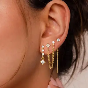KOPERIN Women's 3-Set Cubic Zirconia Chain Tassel Drop Earrings - Dainty Cartilage Chain Earring Stacks for 4 Ear Holes, Hypoallergenic Elegant Fashionable Jewelry, Choking Hazard Small Parts, Fashion Gifts