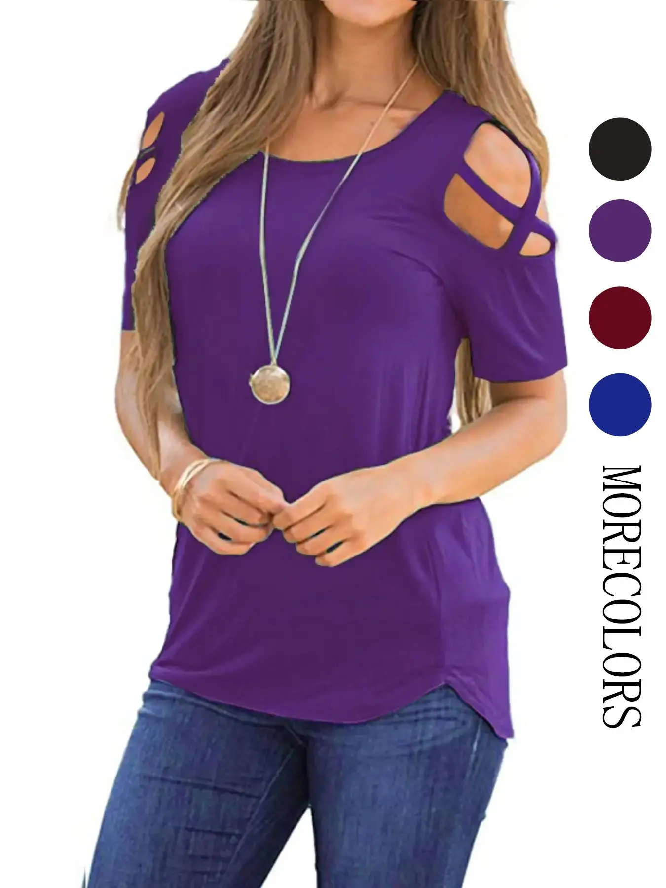 Women's Plain Criss Cross Cut Out Cold Shoulder Tee, Summer Clothes Women, Casual Short Sleeve Round Neck T-Shirt for Summer, Women's Top for Daily We