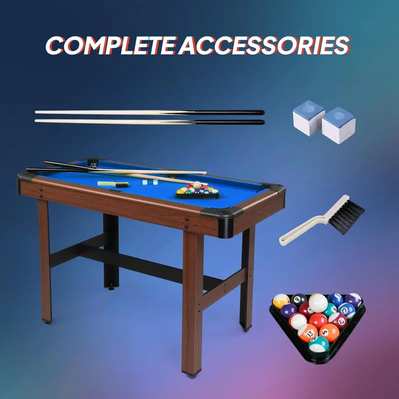 PEXMOR 48" Compact Billiards Game Table for Adults, MDF Wood Mini Pool Kit with Scratch-Safe Durable Felt, Adjustable Feet, Balls, Cues, Chalk, Brush & Triangle, Compact Assembled Dimensions, Indoor House Party Use (Ages 12+)